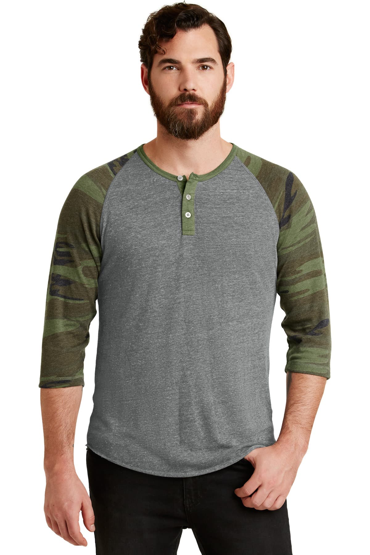 DISCONTINUED Alternative Eco-Jersey 3/4-Sleeve Raglan Henley. AA1989