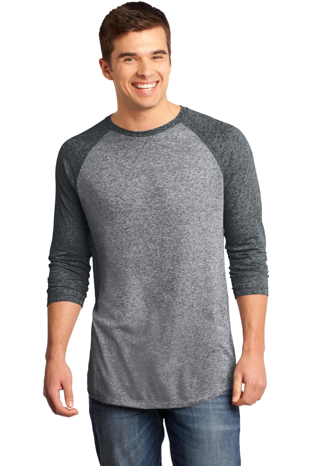 DISCONTINUED District - Young Mens Microburn 3/4-Sleeve Raglan Tee. DT162