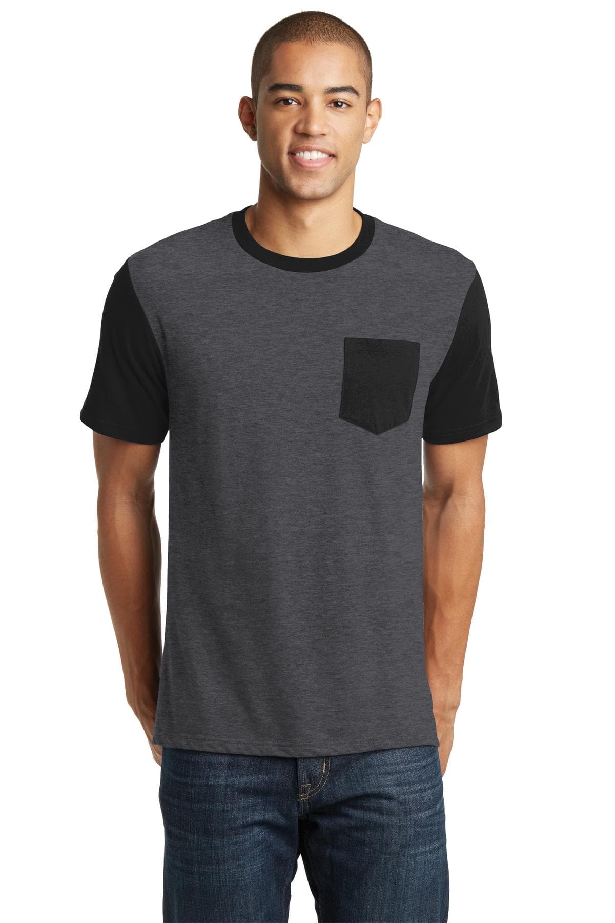 DISCONTINUED District Young Mens Very Important Tee with Contrast Sleeves and Pocket. DT6000SP