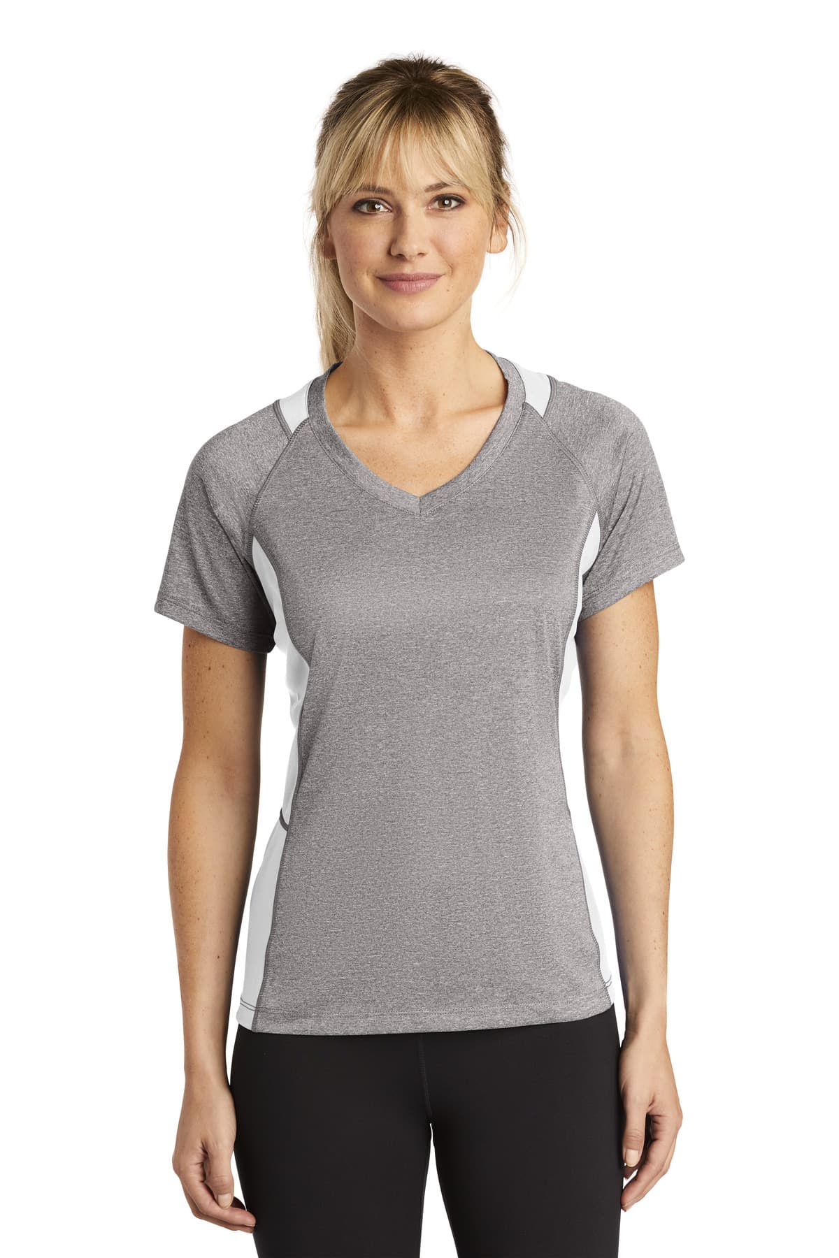 DISCONTINUED Sport-Tek Women's Heather Colorblock Contender V-Neck Tee. LST361