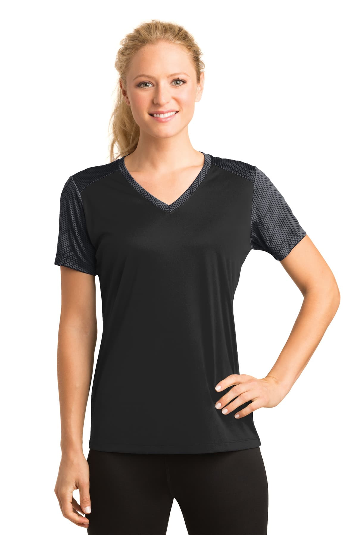 DISCONTINUED Sport-Tek Ladies CamoHex Colorblock V-Neck Tee. LST371