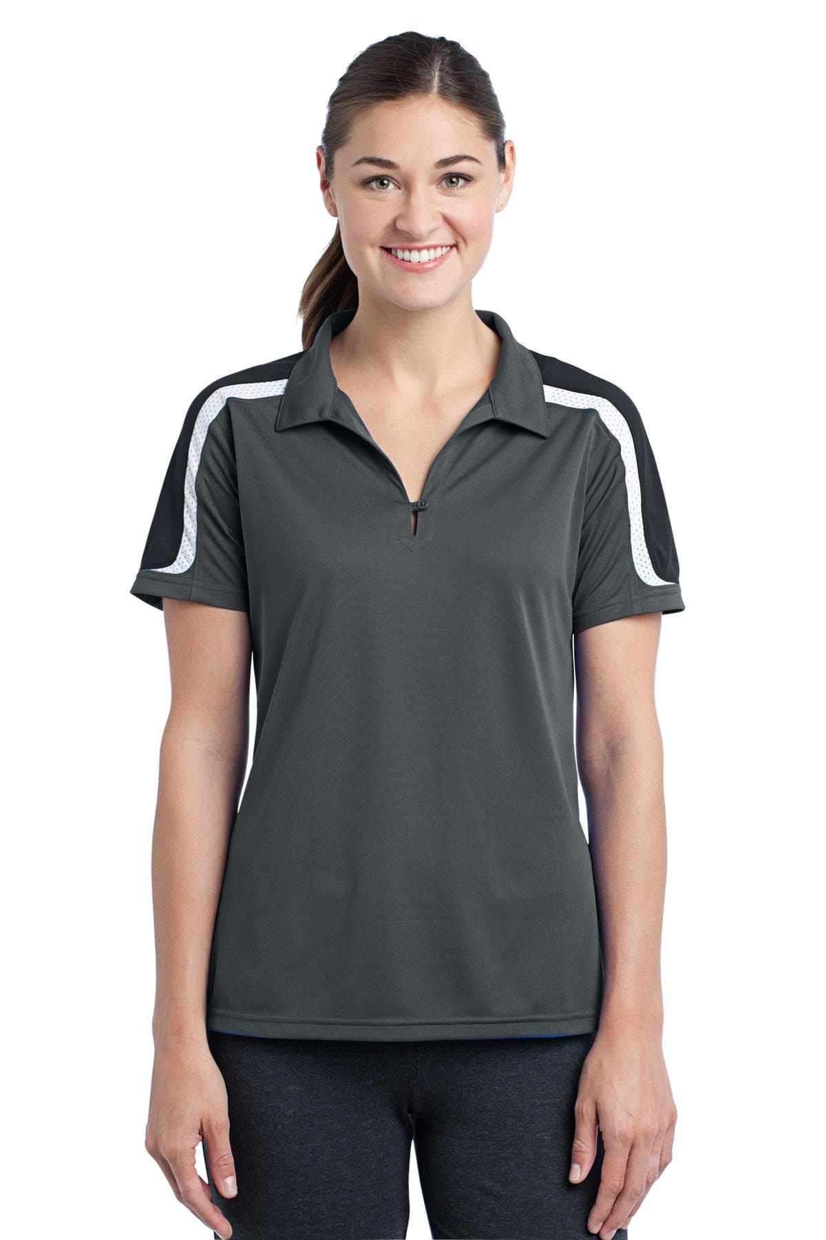 DISCONTINUED Sport-Tek Ladies Tricolor Shoulder Micropique Sport-Wick Polo. LST658