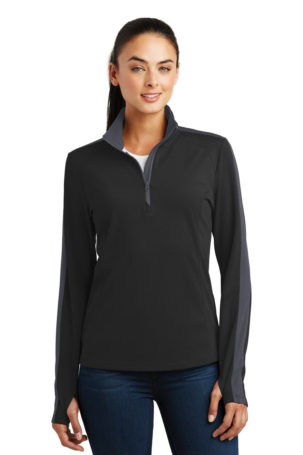 DISCONTINUED Sport-Tek Ladies Sport-Wick Textured Colorblock 1/4-Zip Pullover. LST861