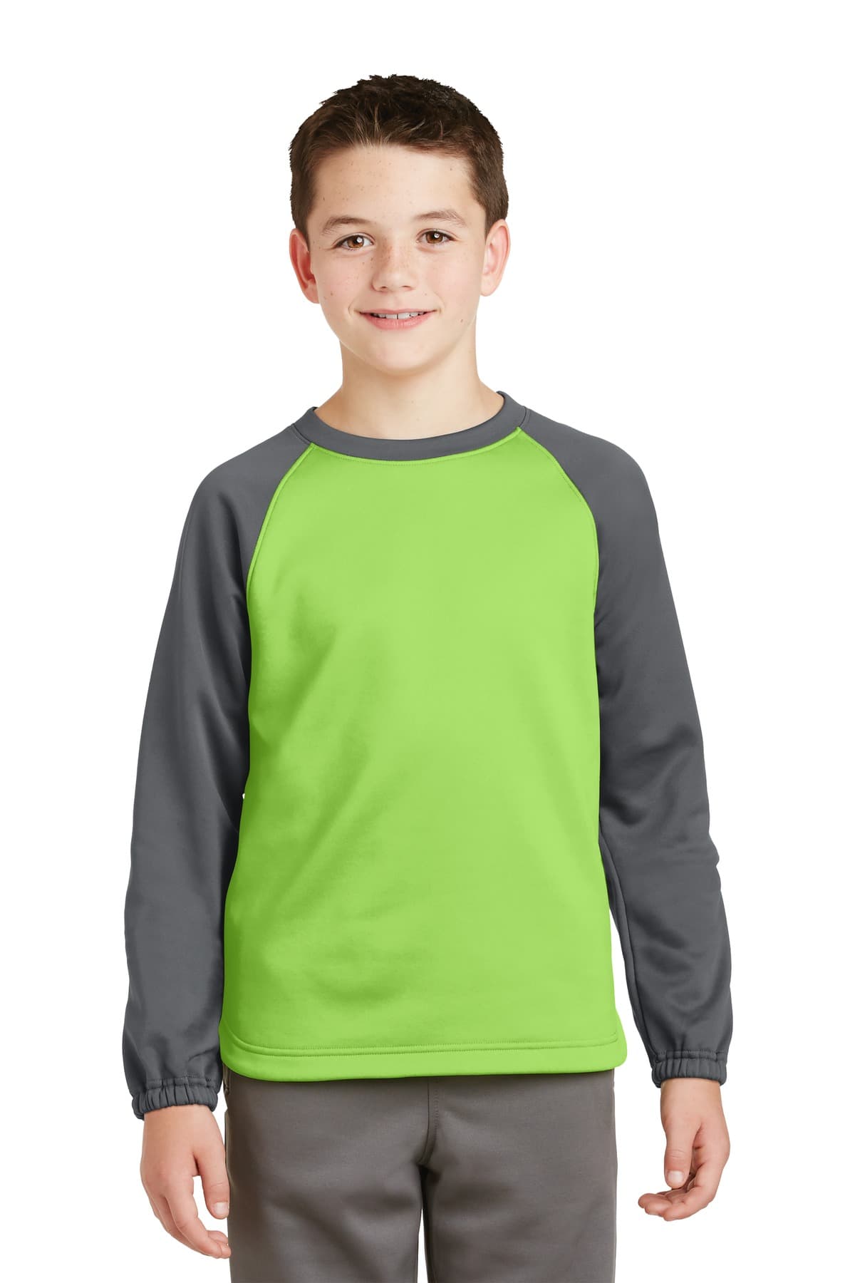 DISCONTINUED Sport-Tek Youth Sport-Wick Raglan Colorblock Fleece Crewneck. YST242