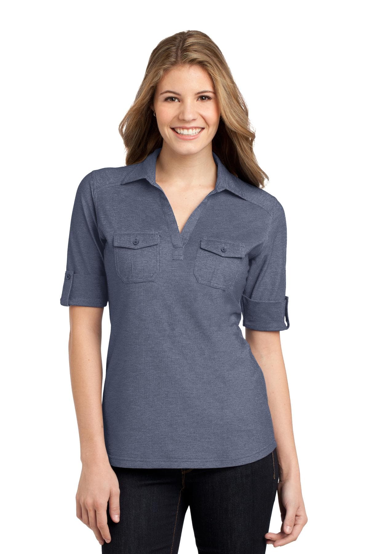 DISCONTINUED Port Authority Ladies Oxford Pique Double Pocket Polo. L557