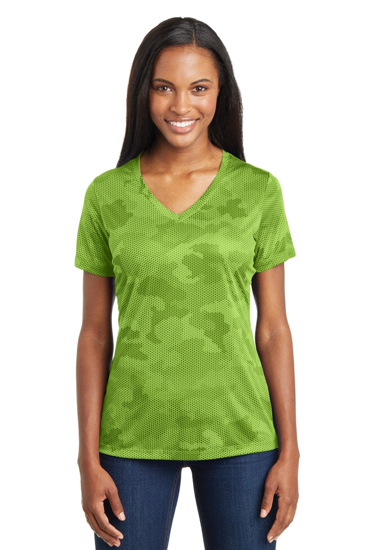 DISCONTINUED Sport-Tek Ladies CamoHex V-Neck Tee. LST370