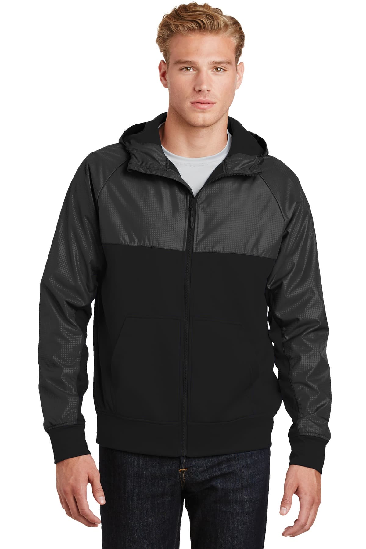 DISCONTINUED Sport-Tek Embossed Hybrid Full-Zip Hooded Jacket. JST50