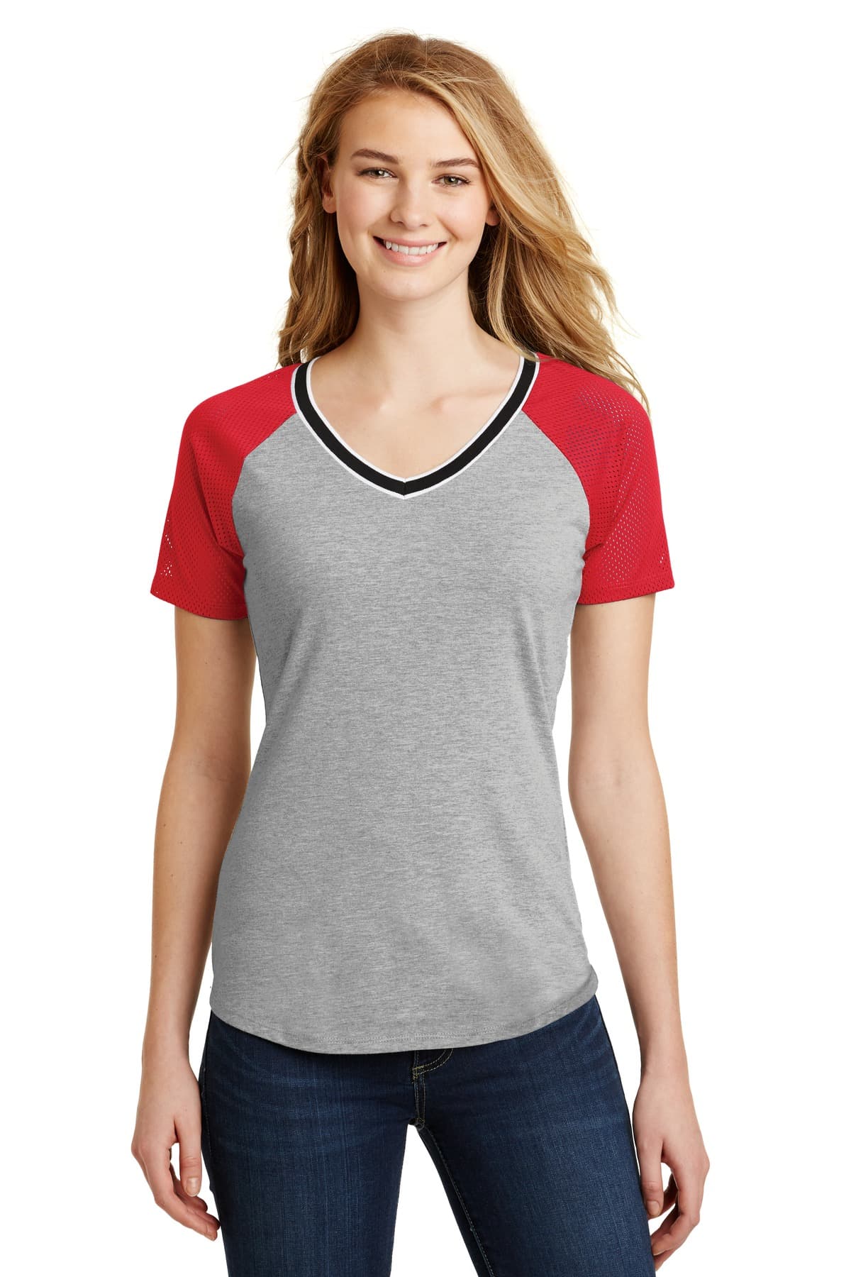 DISCONTINUED District Juniors Mesh Sleeve V-Neck Tee. DT276