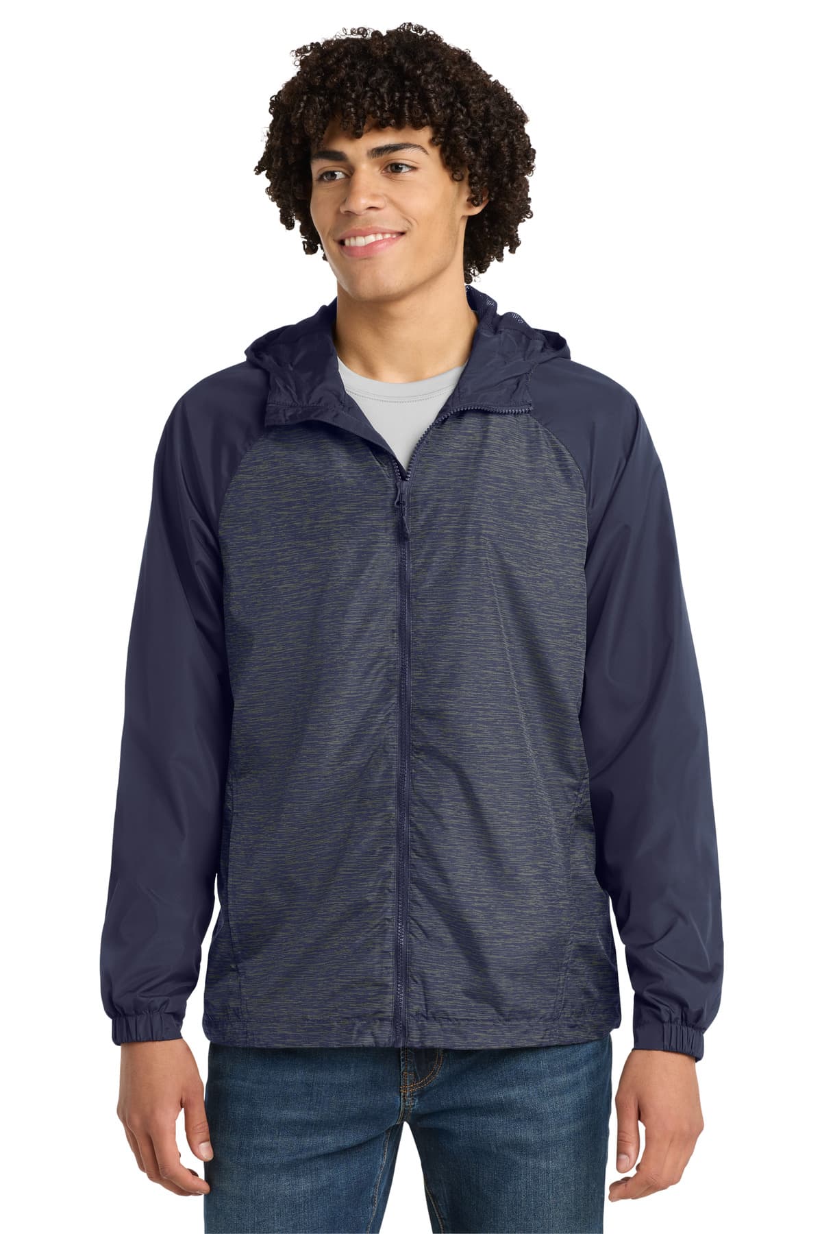 DISCONTINUED Sport-Tek Heather Colorblock Raglan Hooded Wind Jacket. JST40